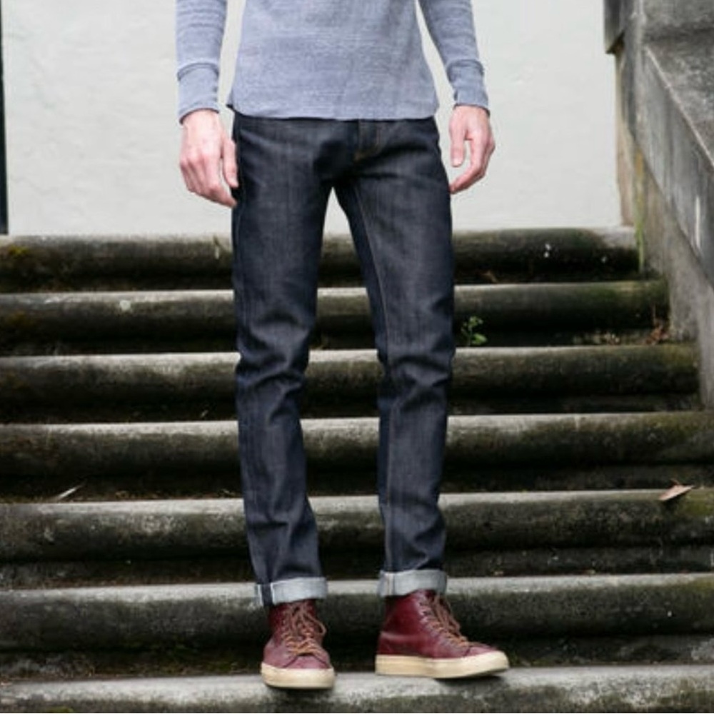 GUSTIN Button Fly Slim Fit Raw Finish Denim Jeans 31